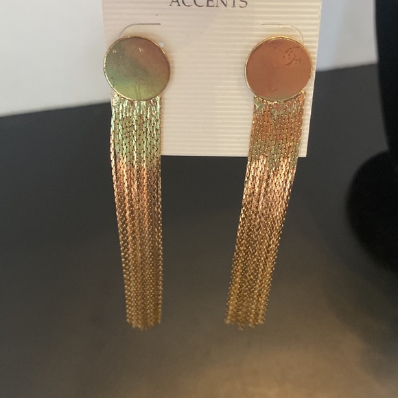 Disc round long  multi chain dangle fringe post pierced earrings - Picture 2 of 6